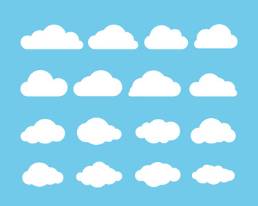在蓝色背景下孤立的卡通平板白云。白云。矢量插图