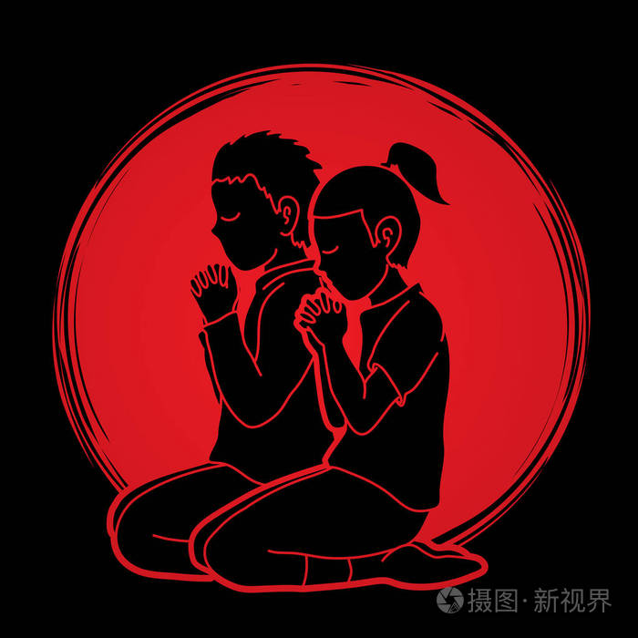 小男孩和女孩, 祷告, 基督徒祈祷, 孩子祈祷, 感谢上帝图形向量