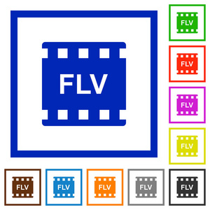 Flv 电影格式白色背景的方形框架中的平面颜色图标