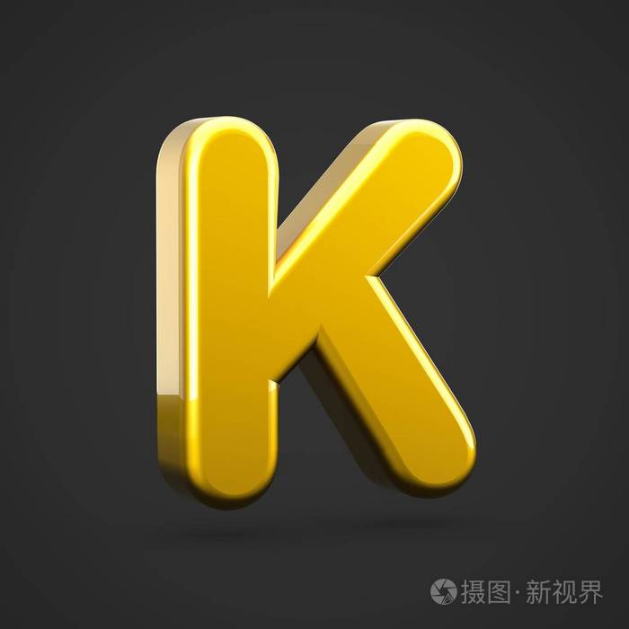 金色字母 k 大写.3d 渲染字体与黑色背景下的金色纹理隔离