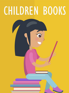 儿童图书海报与女孩和教科书图片