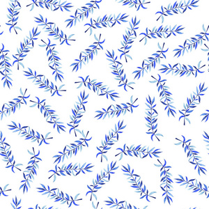 无缝图案与抽象的蓝色分支和叶子在白色背景。手绘水彩插图