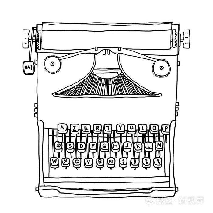 蓝色旧打字机手绘可爱线条艺术插图