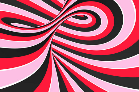 喜庆的粉红色, 红色和黑色螺旋隧道。条纹扭曲棒糖光学错觉。抽象背景。3d 渲染