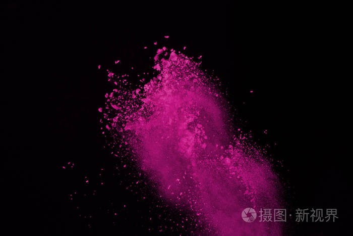 抽象粉红色粉末爆炸黑色背景.抽象色粉 splatted, 粉红色粉末爆炸的冻
