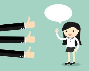 经营理念,业务女人得到良好的反馈.矢量图照片