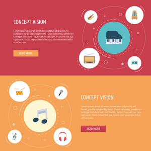 一套音乐图标平面式符号与卡带, 钢琴键, 音符和其他图标为您的 web 移动应用程序徽标设计