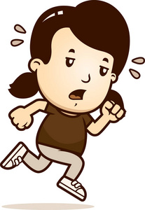 一个女孩奔跑, 看起来筋疲力尽的卡通插图