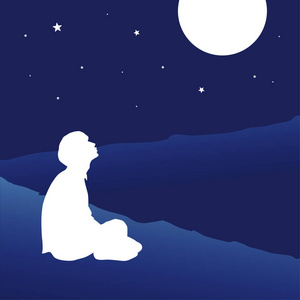 在月亮上的男人一个男人坐在地板上, 看着在深蓝色背景下的月亮的矢量