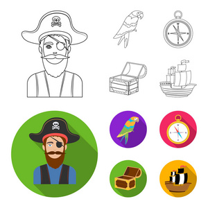 海盗, 强盗, 帽子, 绷带。海盗集合图标的轮廓, 平面风格矢量符号股票插画网站