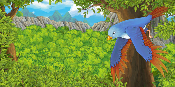 卡通鸟飞在森林里照片