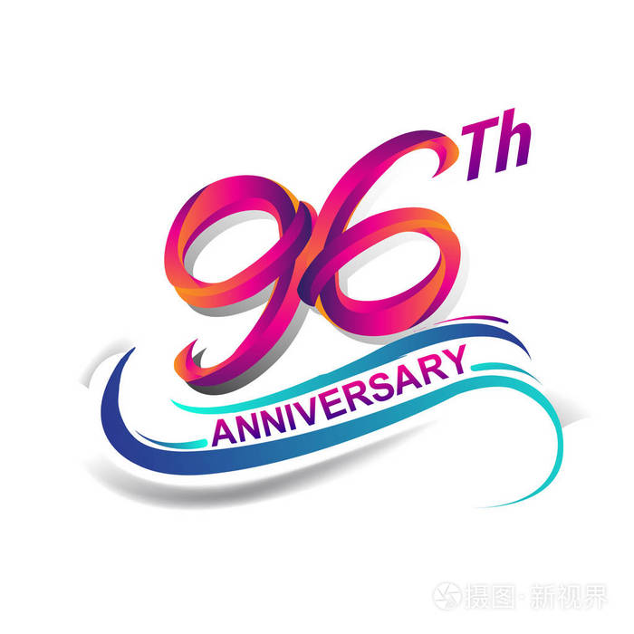 96周年纪念庆祝标识蓝色和红色上色。九十九年的生日标志在白色背景插画
