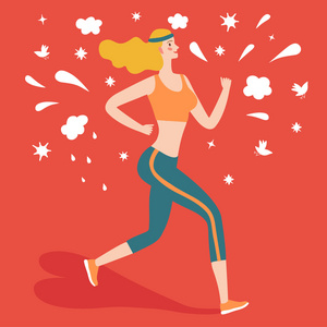 卡通女人和她的狗一起跑女商人准时跑步代表最后期限女跑步运动员冲过