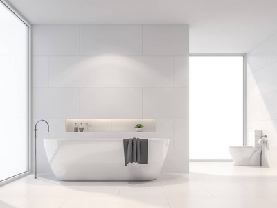现代白色浴室3d 渲染。有白色瓷砖墙和地板。房间里有大窗户。阳光照射进房间
