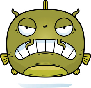 一条卡通鱼头像愤怒地看着一条大鲶鱼的卡通插图照片