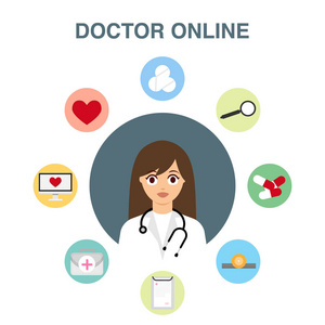 医生在线, 女医生。医学, 健康和医学的概念在线。图表在线医学