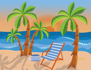 地处热带的海滩和棕榈树和躺椅