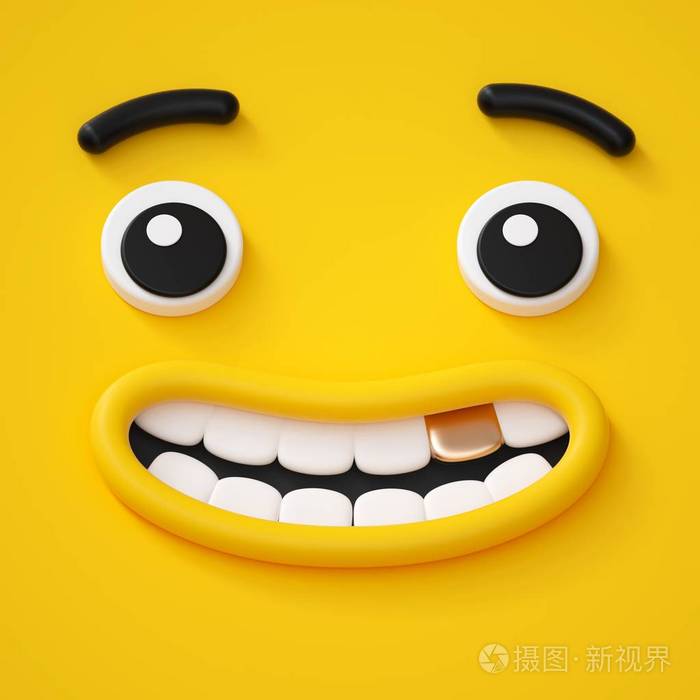 3d渲染可爱幼稚的脸金色的牙齿微笑惊讶的情绪emoji表情表情滑稽的