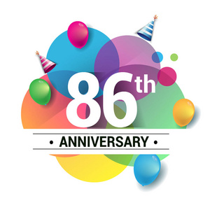 86年周年纪念标志, 矢量设计生日庆祝与五颜六色的几何, 圈子和气球在白色背景被隔绝了