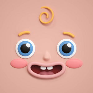 惊讶的笑脸3d 渲染, 可爱的笑脸图标, 情感表情, 婴儿沐浴, 惊讶