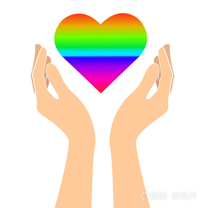 手里捧着彩虹心标志艺术矢量