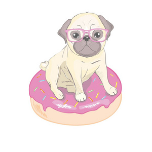 可爱的帕格在眼镜和快乐的脸粉红色甜甜圈, 狗矢量, 插图