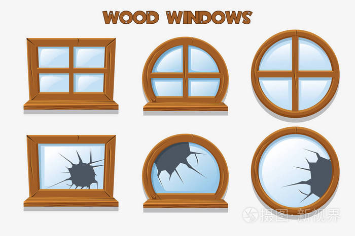 不同形状和陈旧破碎的木窗, 卡通建筑对象.