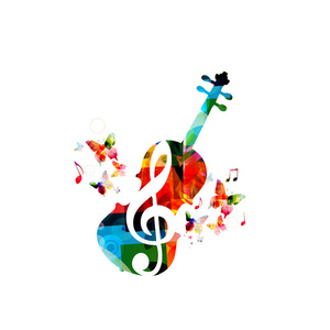 彩色音乐背景海报与大提琴, 小号和音乐笔记。音乐节海报创意大提琴设计矢量插画