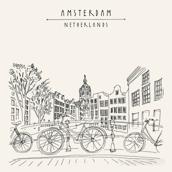 典型的荷兰房子和自行车.手绘.旅行素描.书例证, 明信片, 海报在媒