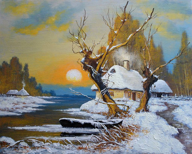 油画冬季风景.老村庄, 河.美术照片