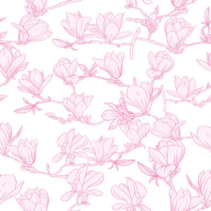 无缝图案与粉红色玉兰花。矢量插图