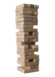塔从木块为积木游戏隔绝在白色背景。风险和战略的概念, 保持平衡的东西。商业和建筑