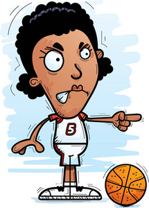 一个黑人女子篮球运动员看起来愤怒和指向的卡通插图