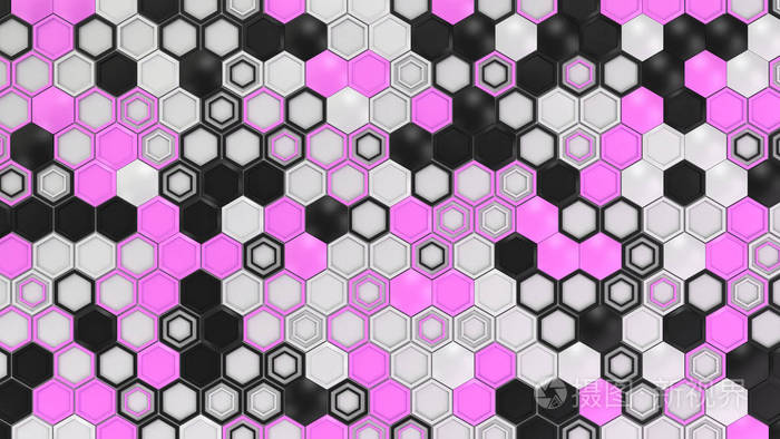 抽象3d 背景由黑色白色和紫色六边形组成, 白色背景。六边形的墙。蜂窝图案。3d 渲染插图