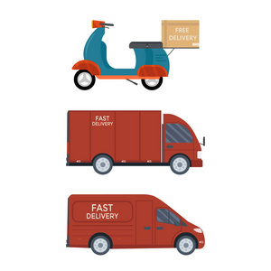物流和交付图标服务被隔离的白色背景 卡车, 卡车, 面包车, 摩托车摩托自行车。邮政服务创意设计。矢量平图