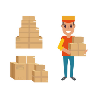 物流和交付图标服务在白色背景 微笑信使与包裹, 箱子, 包裹。邮政服务创意设计。矢量平图
