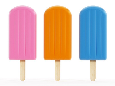 粉色，橙色和蓝色的冰淇淋在木棍上。3d 图