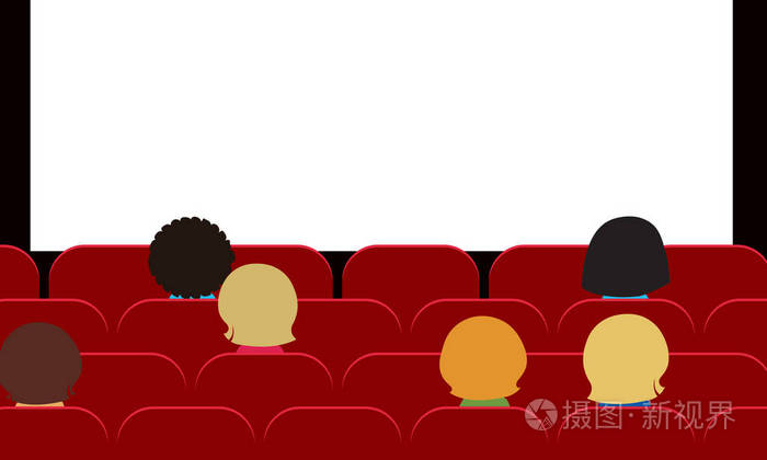 人-男人, 妇女和儿童坐在电影院的红色座椅和观看空白白色投影屏幕与