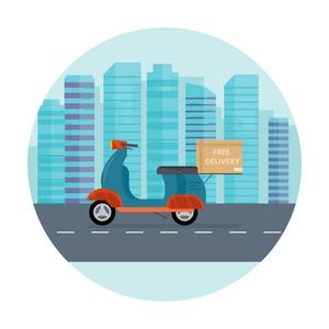 物流和送货服务理念 摩托车, 自行车带包, 车上城市背景。邮政服务创意图标设计。矢量平图