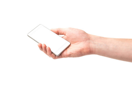 手持白色智能手机与独立的白色背景屏幕