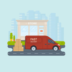 物流配送服务理念 卡车货车货车与店铺店铺及城市背景。邮政服务创意横幅设计。矢量平图