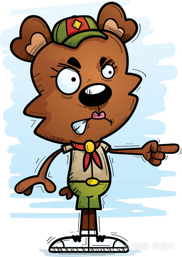 一个女熊童子军的卡通插图看着愤怒和指向