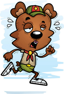 一个女熊侦察员奔跑的卡通插图, 看起来筋疲力尽