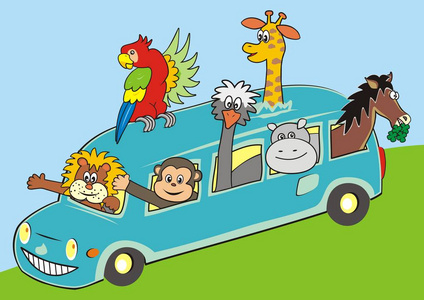 动物和汽车许多非洲动物和汽车树山手画我手绘素描马戏团和娱乐矢量