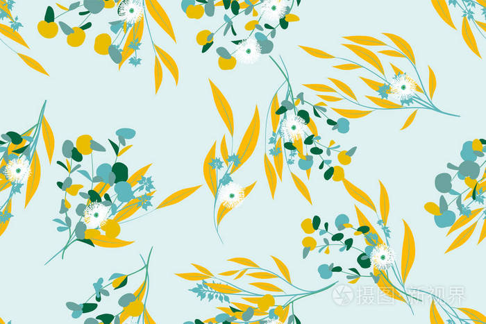 粉彩色彩设计中的花卉无缝图案.桉树叶和美丽的开花元素.