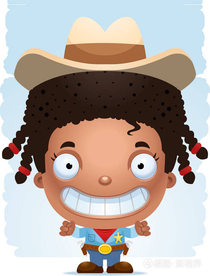 一个快乐的卡通女孩牛仔站着, 微笑着