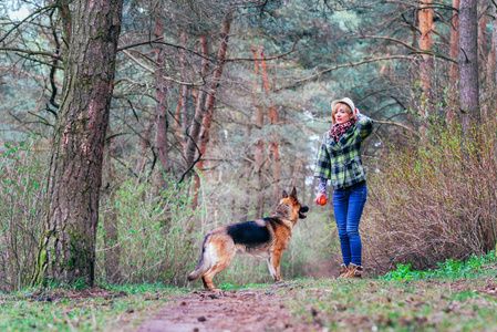 德国牧羊犬和漂亮女孩在森林里玩