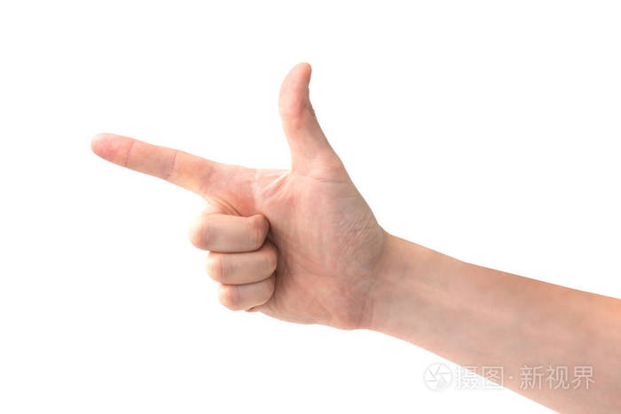 女性手与手指指向左在白色背景被隔绝