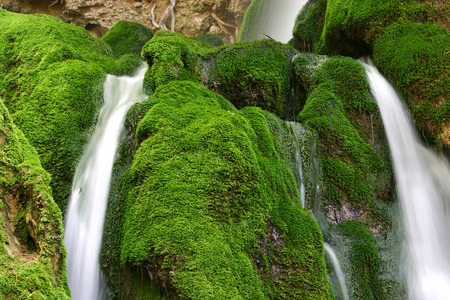 瀑布和绿色的青苔