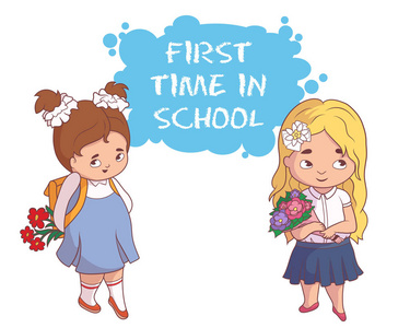 两个卡通女孩去上学。白色背景上的矢量插图